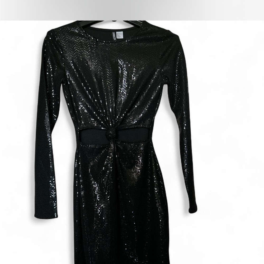 H&M Black Sequin Ruched Long Sleeve Dress